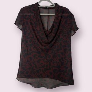 Theory Black and Red Sheer Cowl Neck Silk Blouse Medium